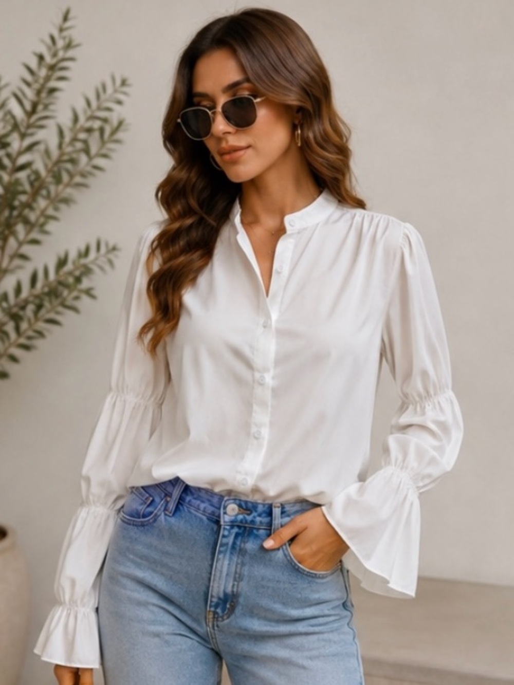 Women's White Button-Front Blouse with Ruffled Cuffs